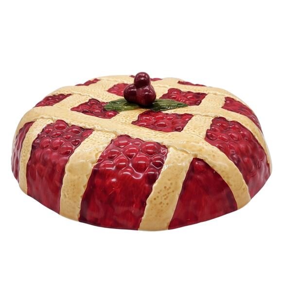 Vintage Tan & Red Decorative Ceramic Cherry Berry Pie Plate Lid Cover -LID ONLY- - Picture 1 of 9